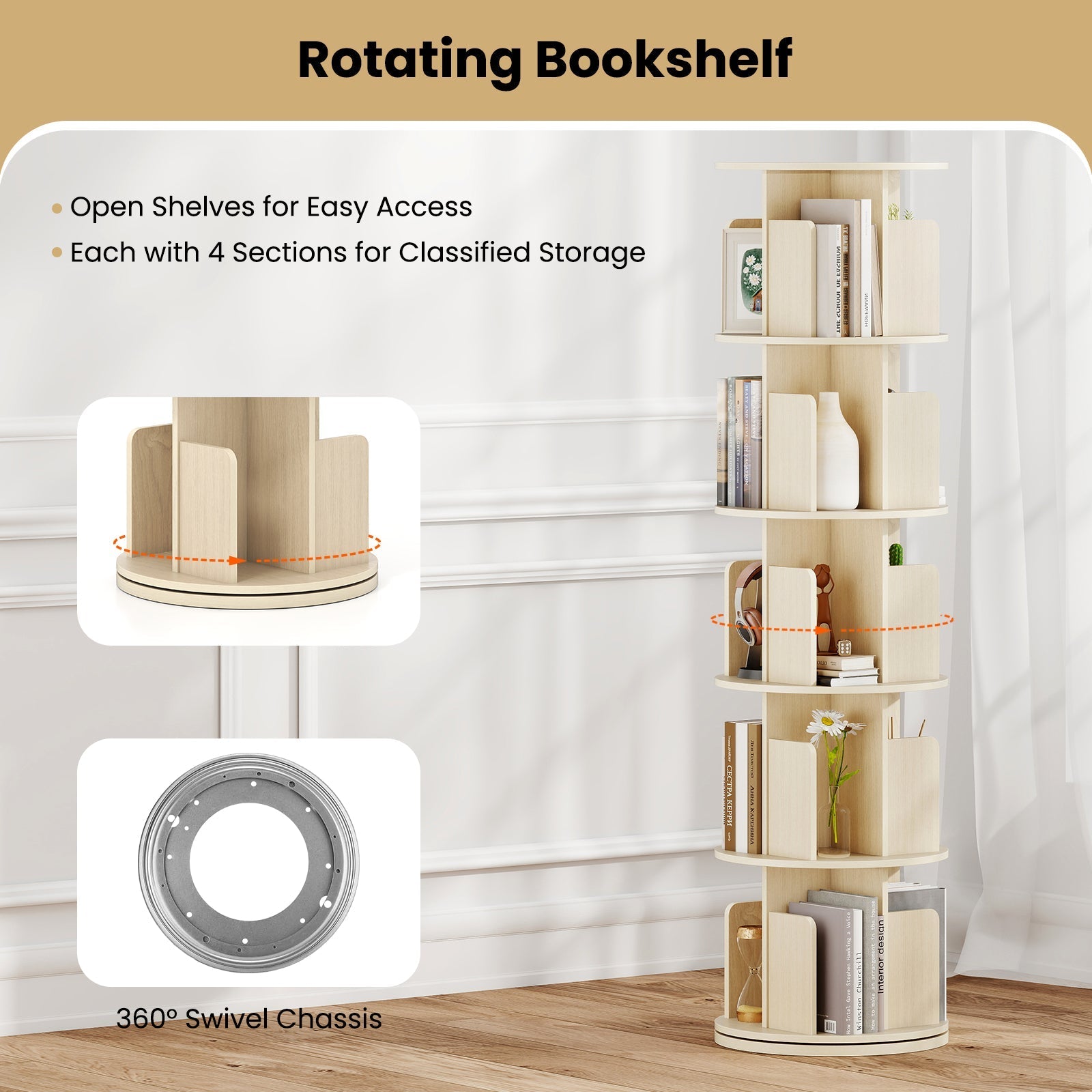 5-Tier Rotating Bookshelf 360¬∞ Display Rack with Dividers and Anti-falling Baffles