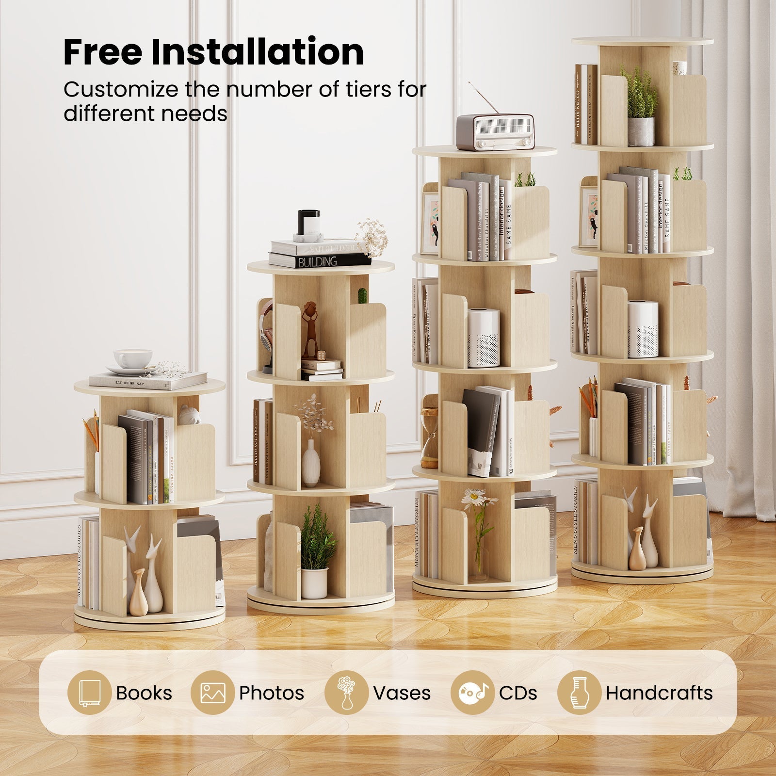 5-Tier Rotating Bookshelf 360¬∞ Display Rack with Dividers and Anti-falling Baffles