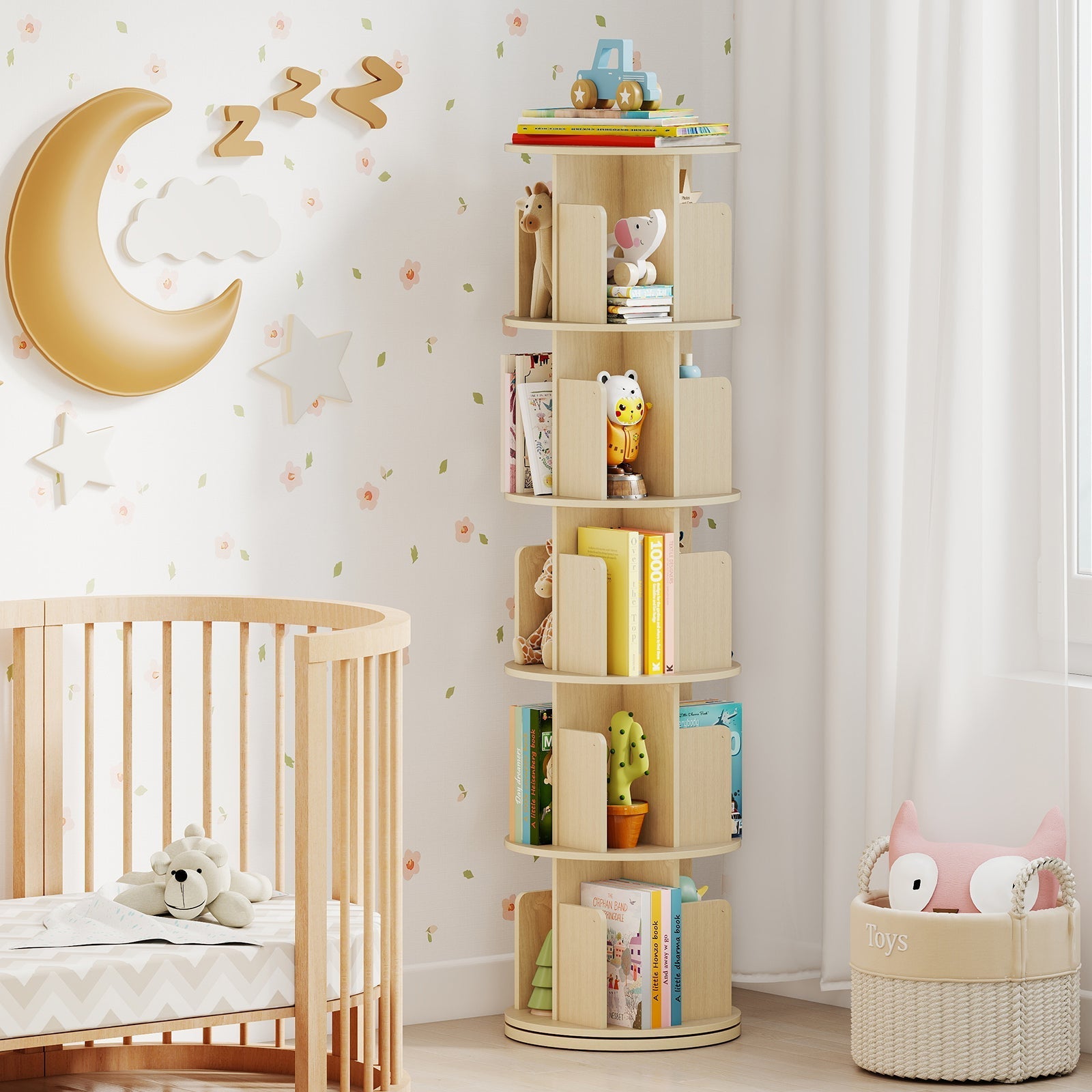 5-Tier Rotating Bookshelf 360¬∞ Display Rack with Dividers and Anti-falling Baffles