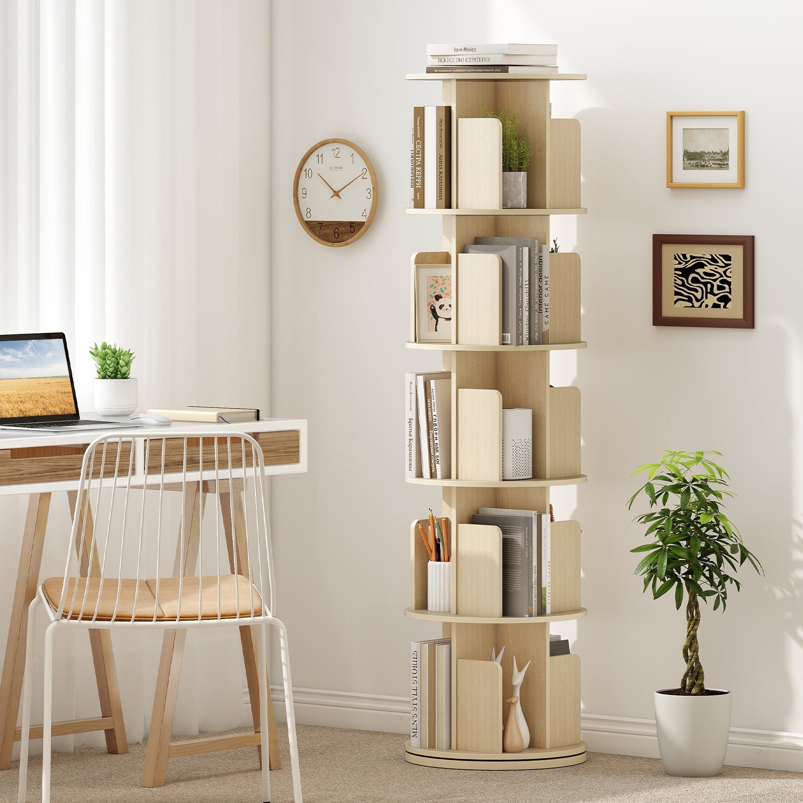 5-Tier Rotating Bookshelf 360¬∞ Display Rack with Dividers and Anti-falling Baffles
