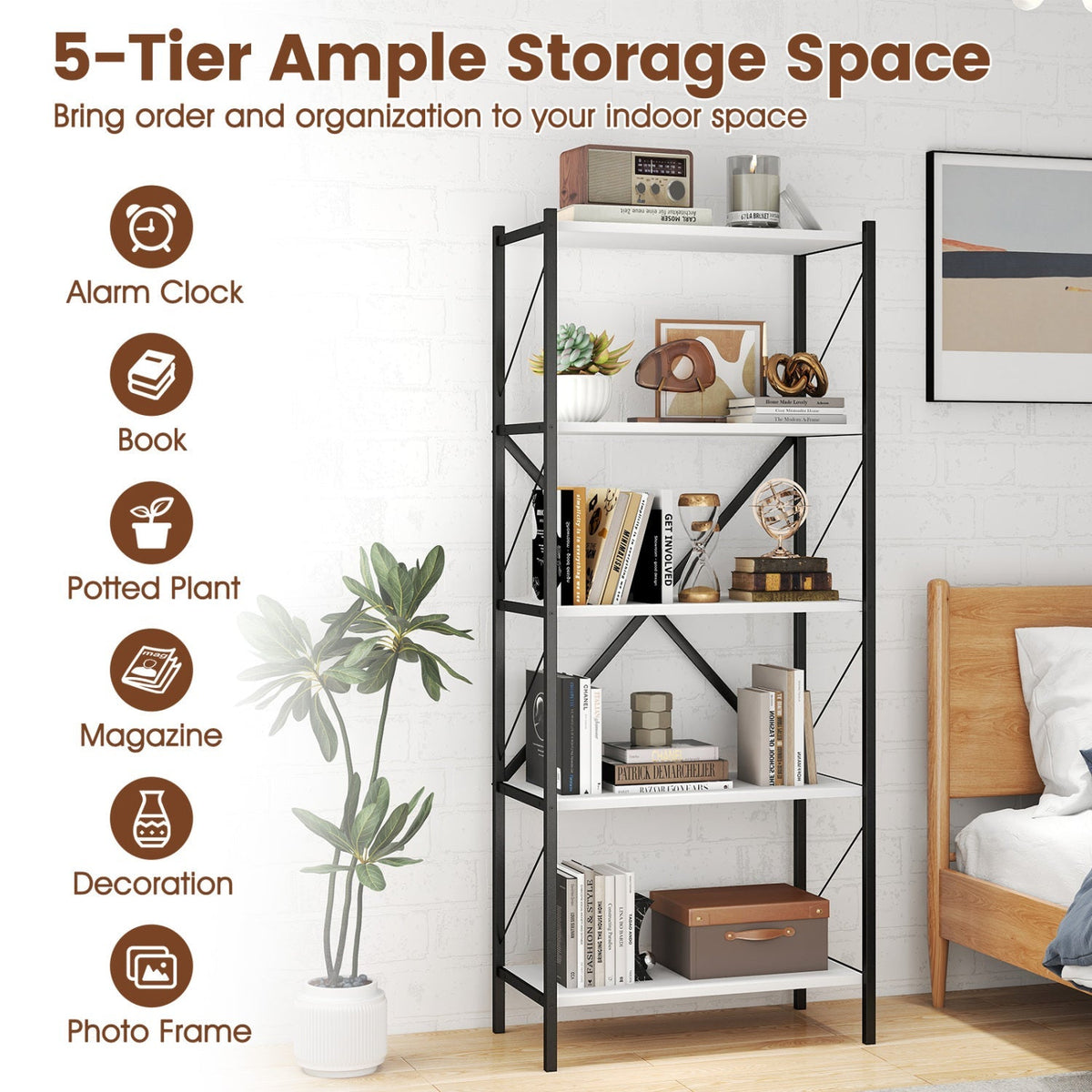 5-Tier Bookshelf with Heavy-Duty Metal Frame