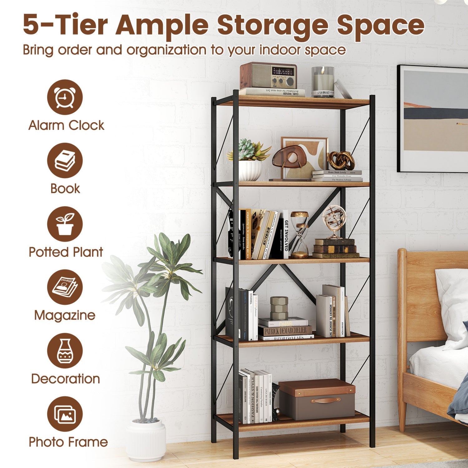 5-Tier Bookshelf with Heavy-Duty Metal Frame