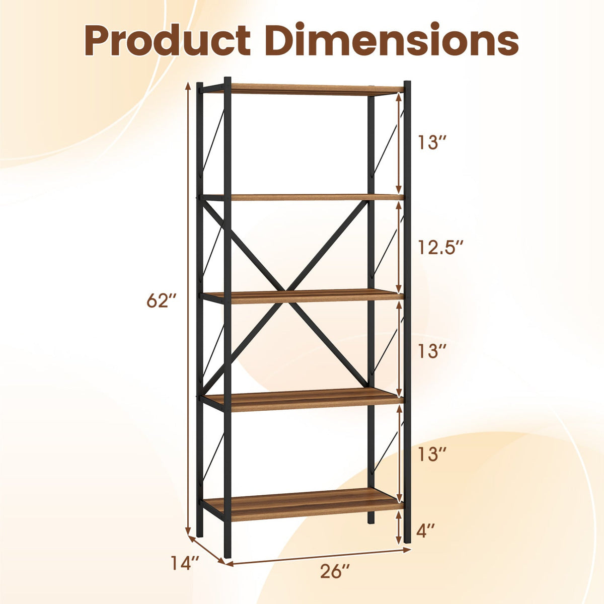 5-Tier Bookshelf with Heavy-Duty Metal Frame