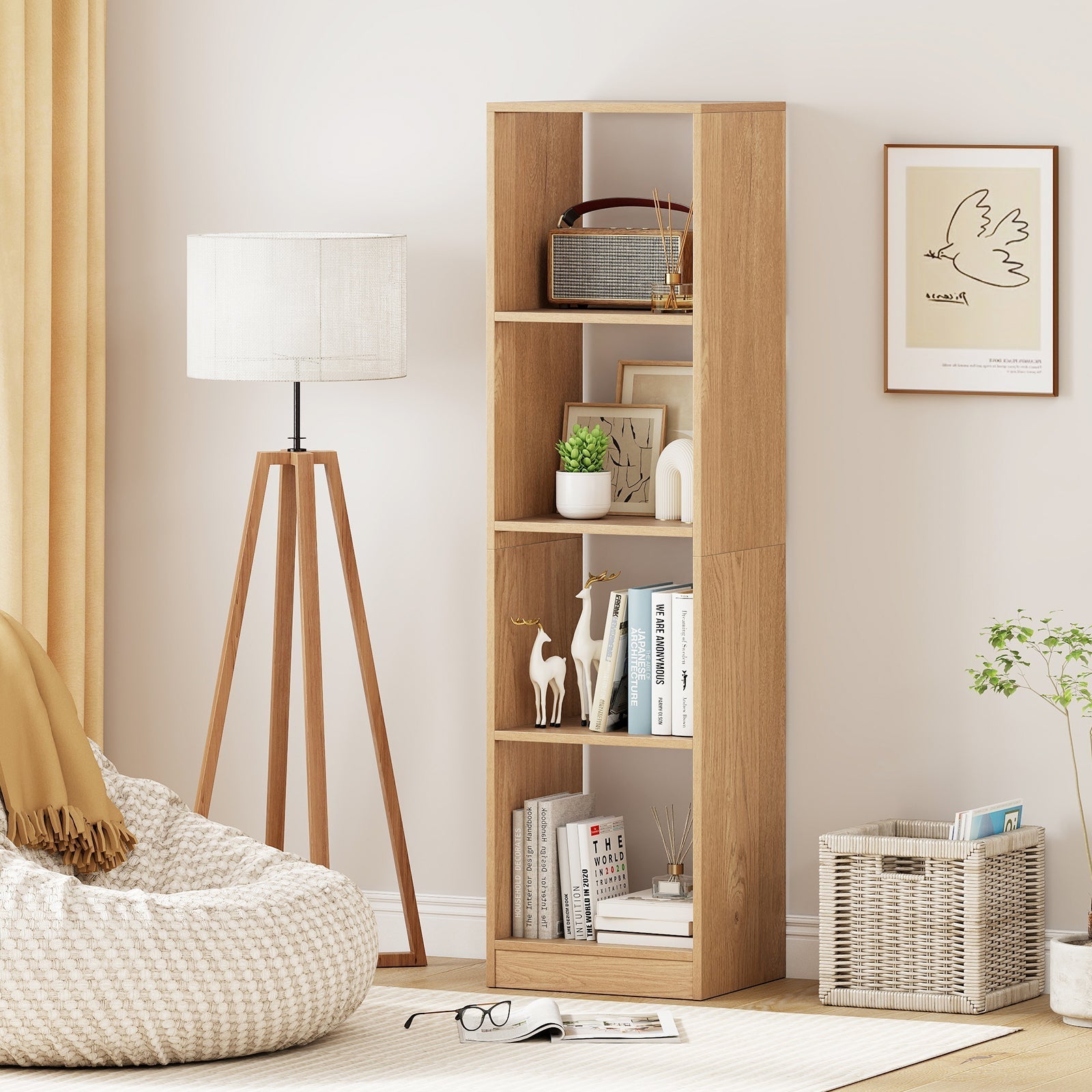 5 Tiers 4-Cube Narrow Bookshelf with 4 Anti-Tipping Kits