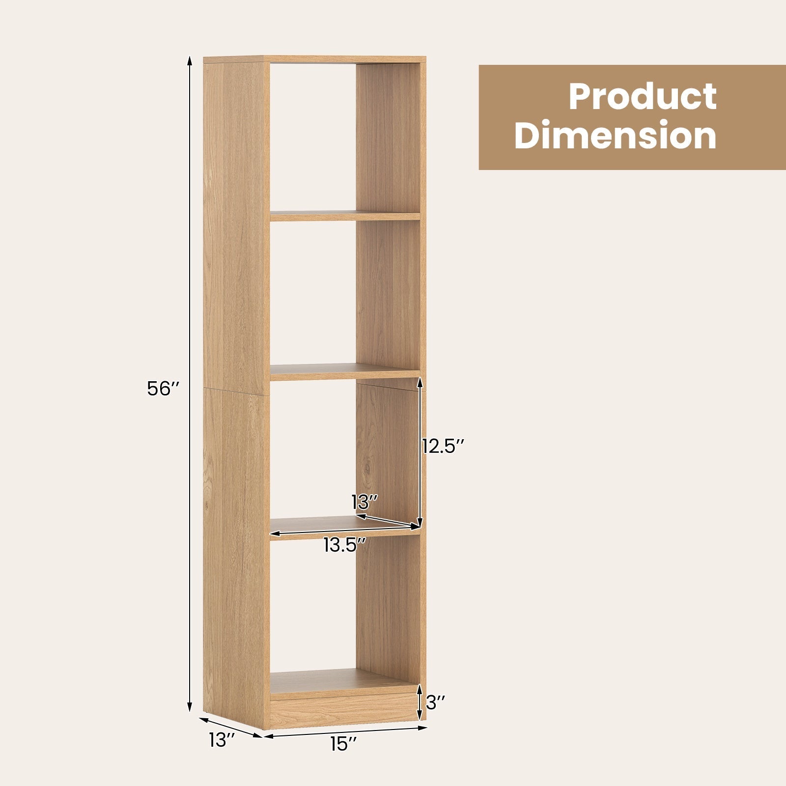 5 Tiers 4-Cube Narrow Bookshelf with 4 Anti-Tipping Kits