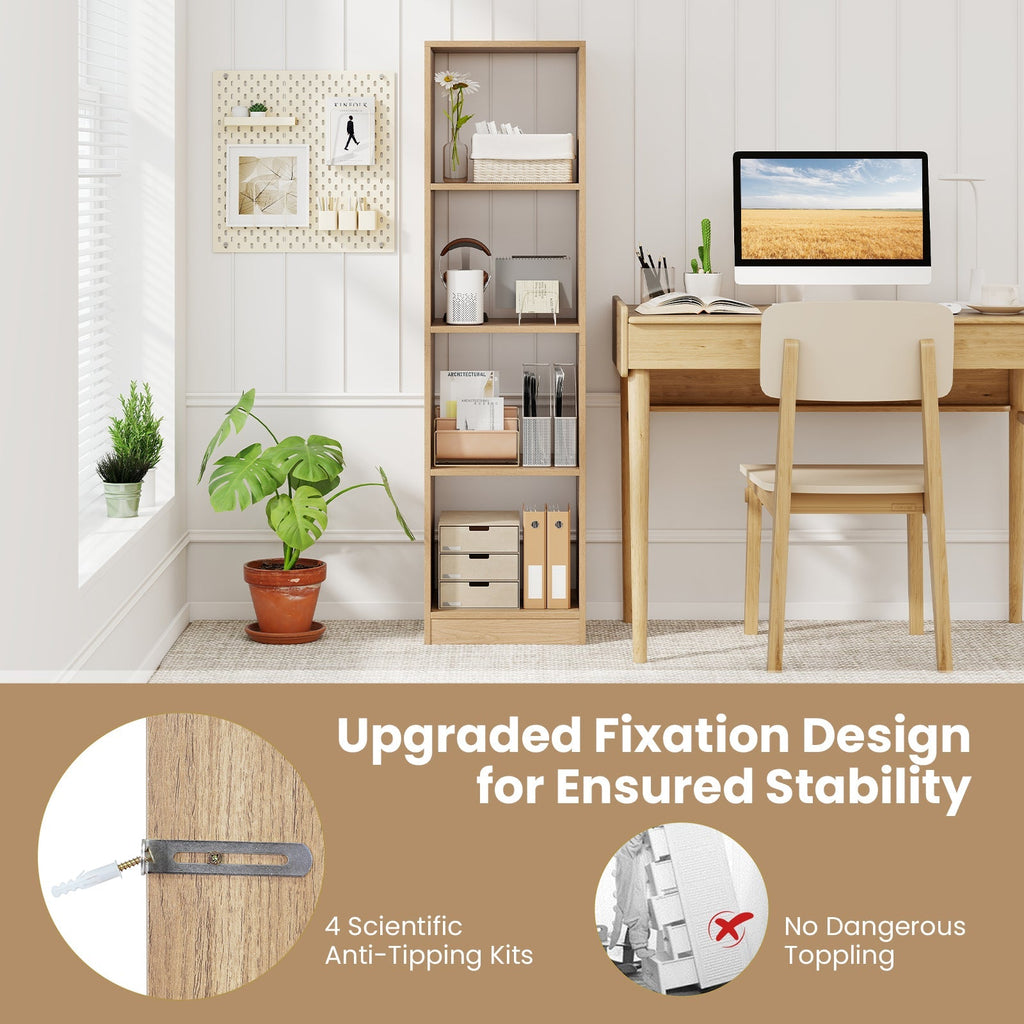 5 Tiers 4-Cube Narrow Bookshelf with 4 Anti-Tipping Kits