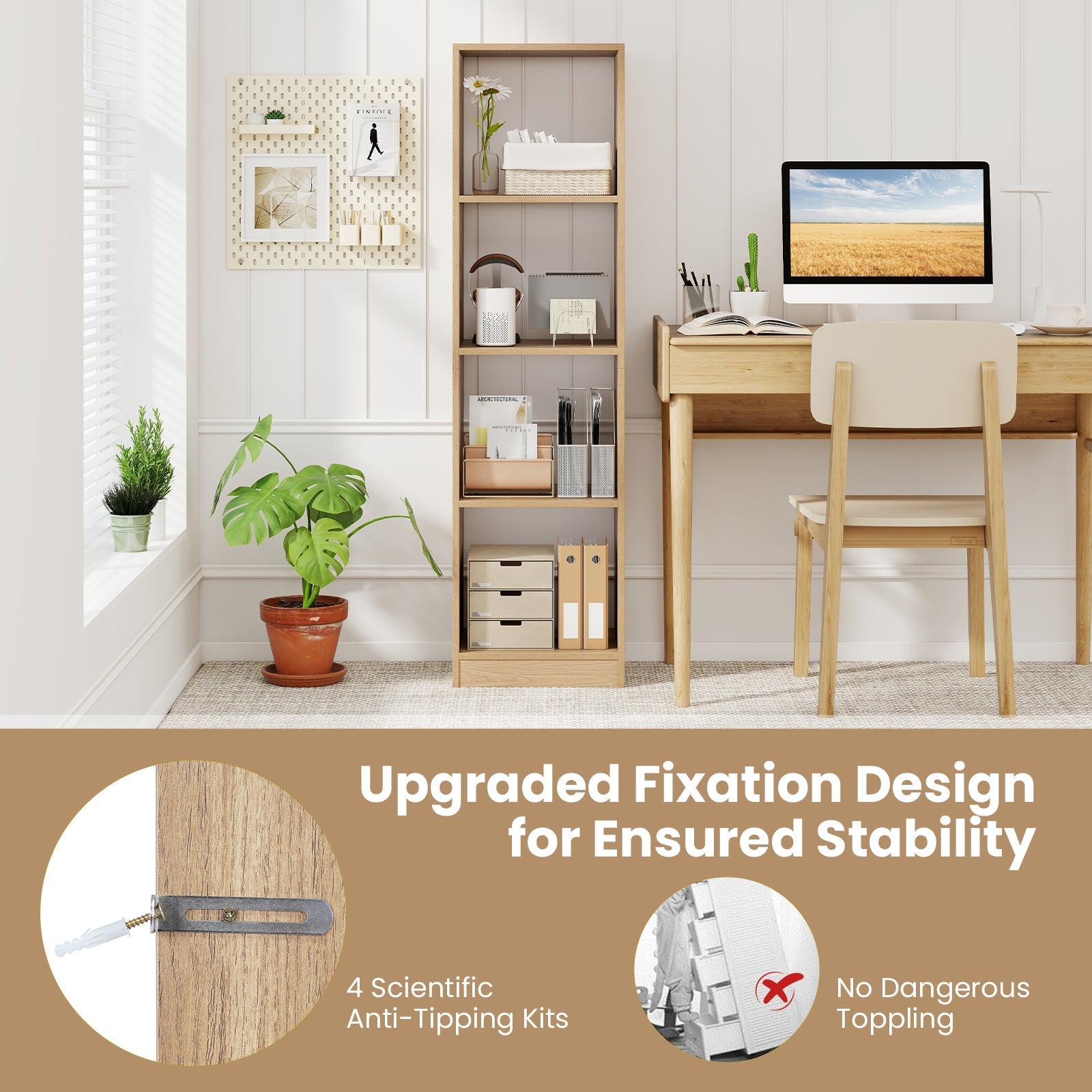 5 Tiers 4-Cube Narrow Bookshelf with 4 Anti-Tipping Kits