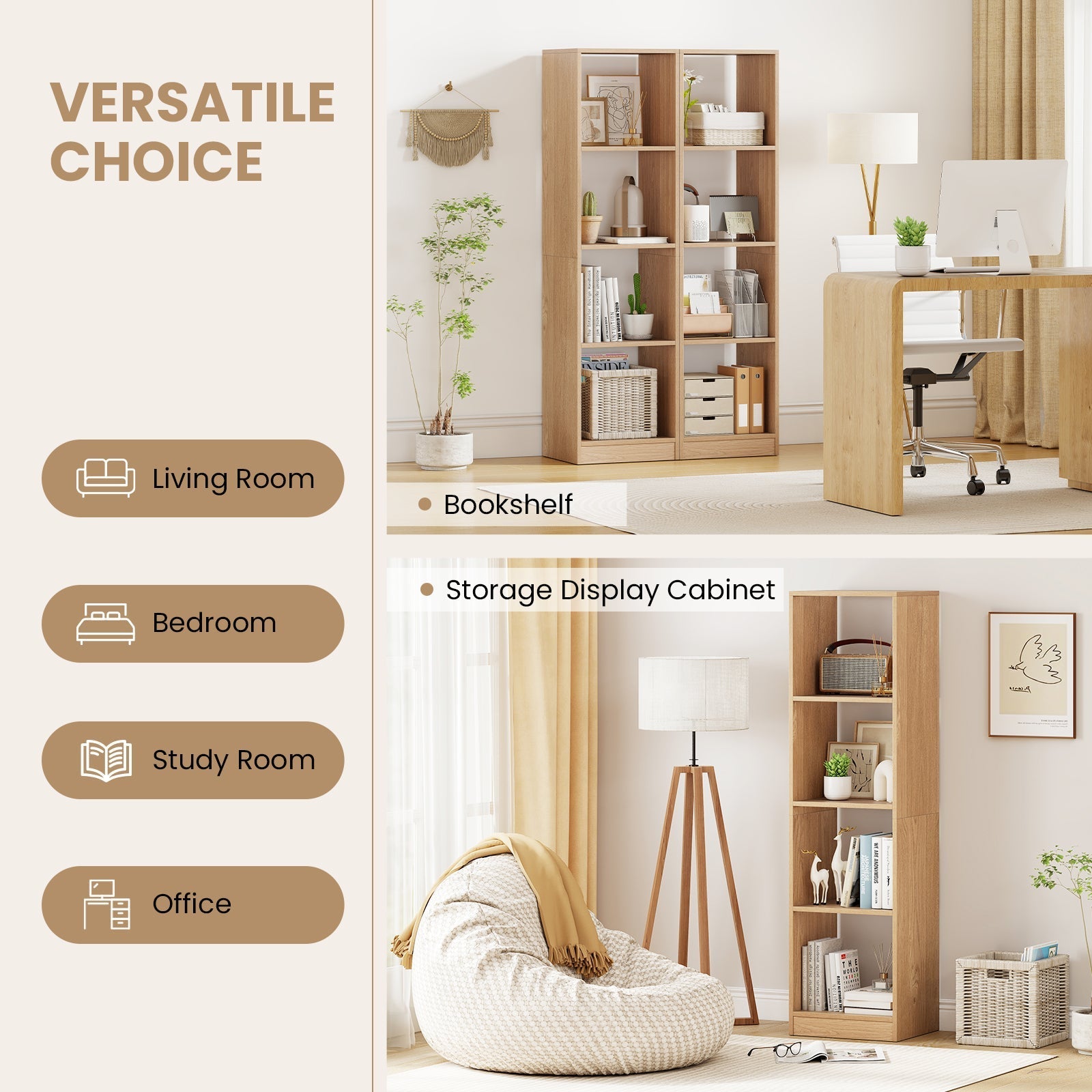 5 Tiers 4-Cube Narrow Bookshelf with 4 Anti-Tipping Kits