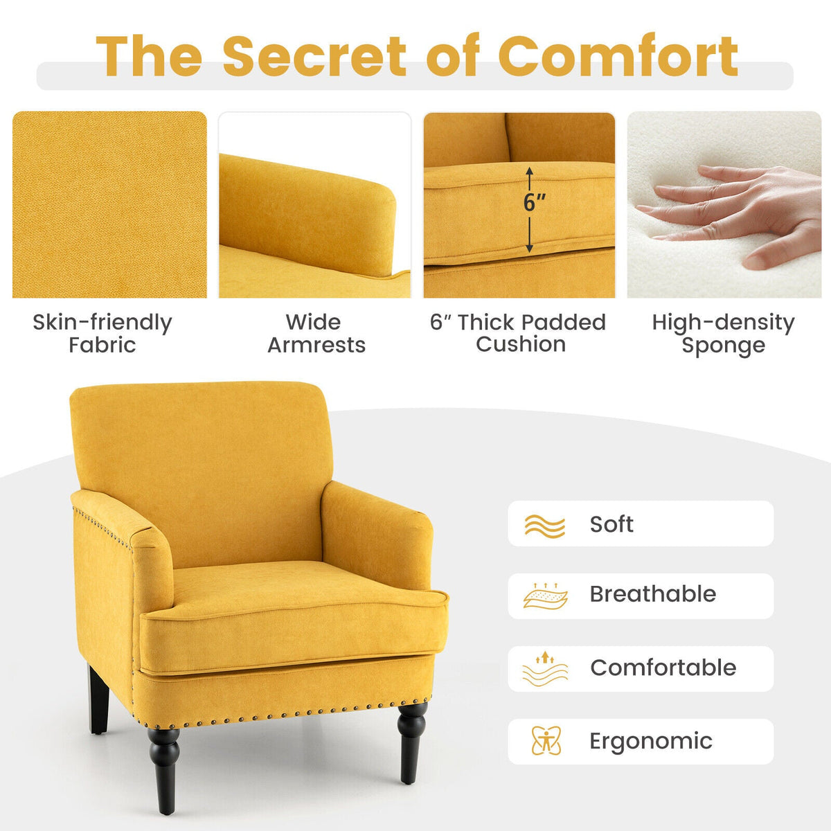 Modern Upholstered Padded Accent Chair with Rubber Wood Legs