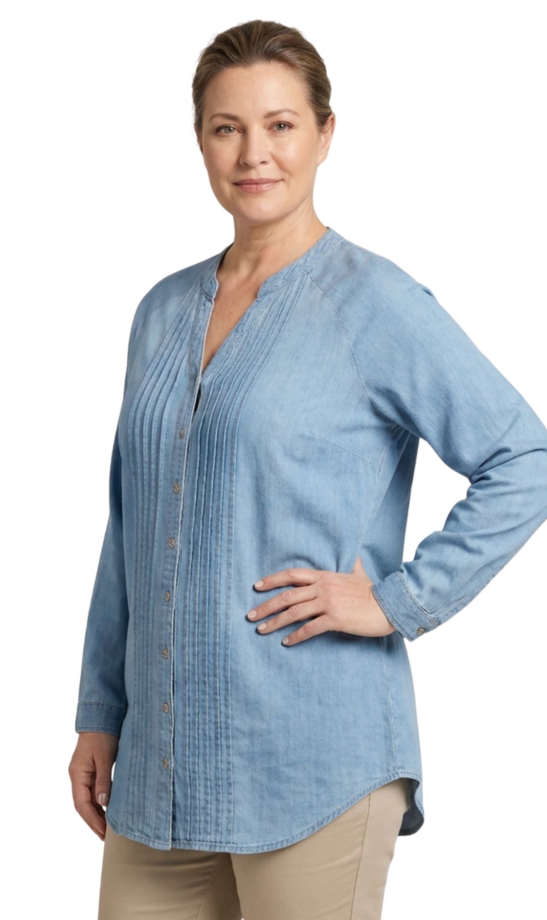 Women's Denim Pintuck Button-Front Tunic Top