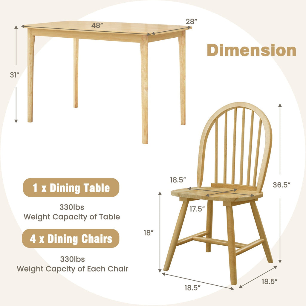 5 Pieces Wooden Dining Table Set with 4 Windsor Chairs