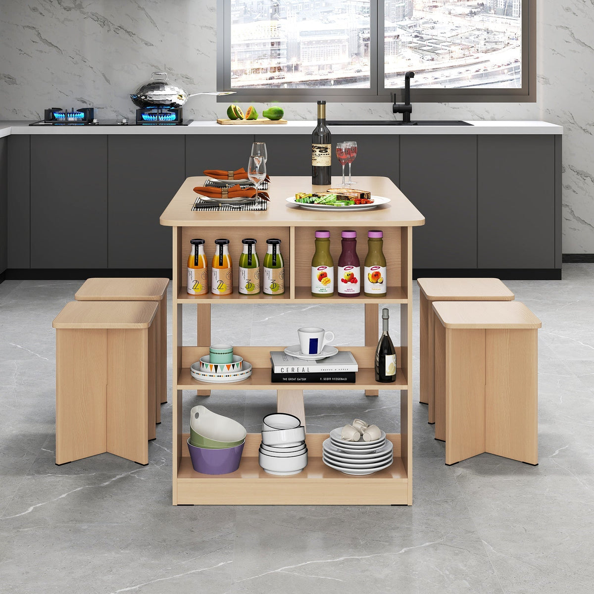 5 Pieces Dining Table Set with Storage Shelf and 4 Stools