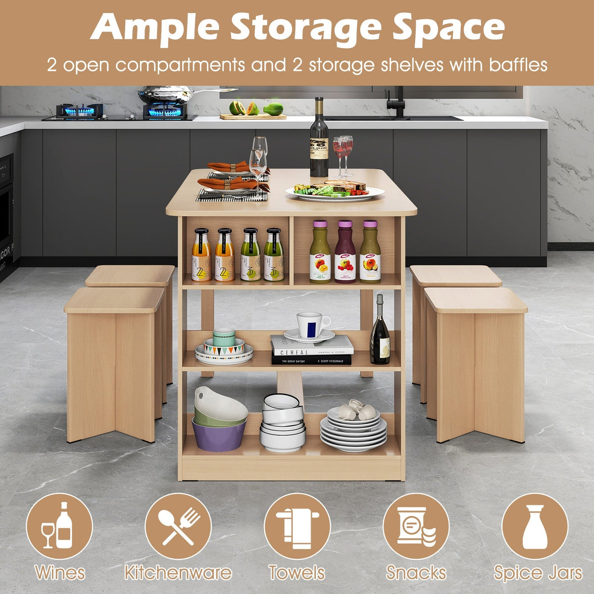 5 Pieces Dining Table Set with Storage Shelf and 4 Stools