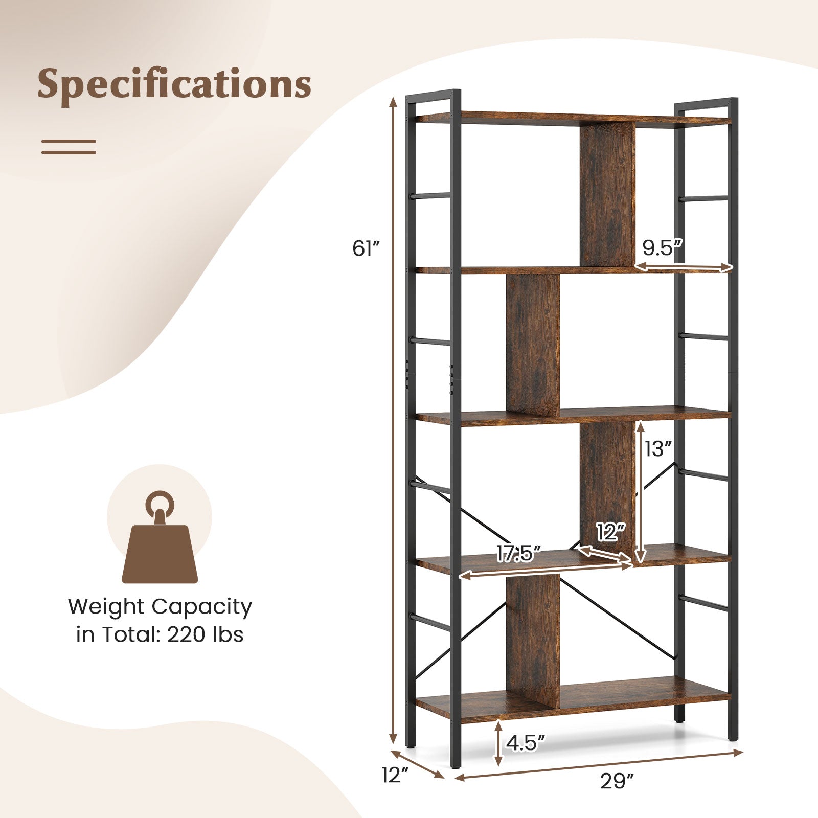 5-tier Bookcase 61 Inch Tall Industrial Bookshelf with Metal Frame