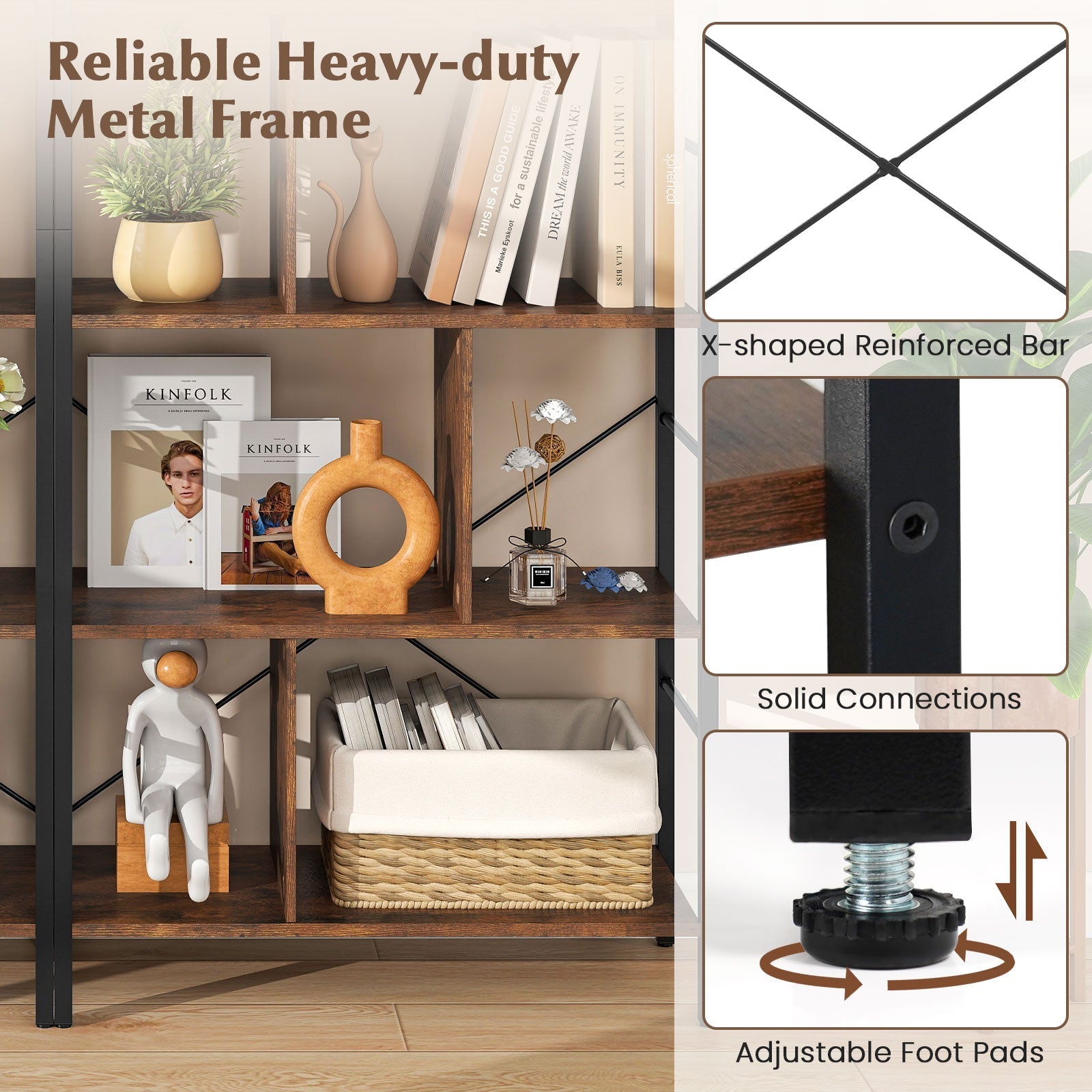 5-tier Bookcase 61 Inch Tall Industrial Bookshelf with Metal Frame