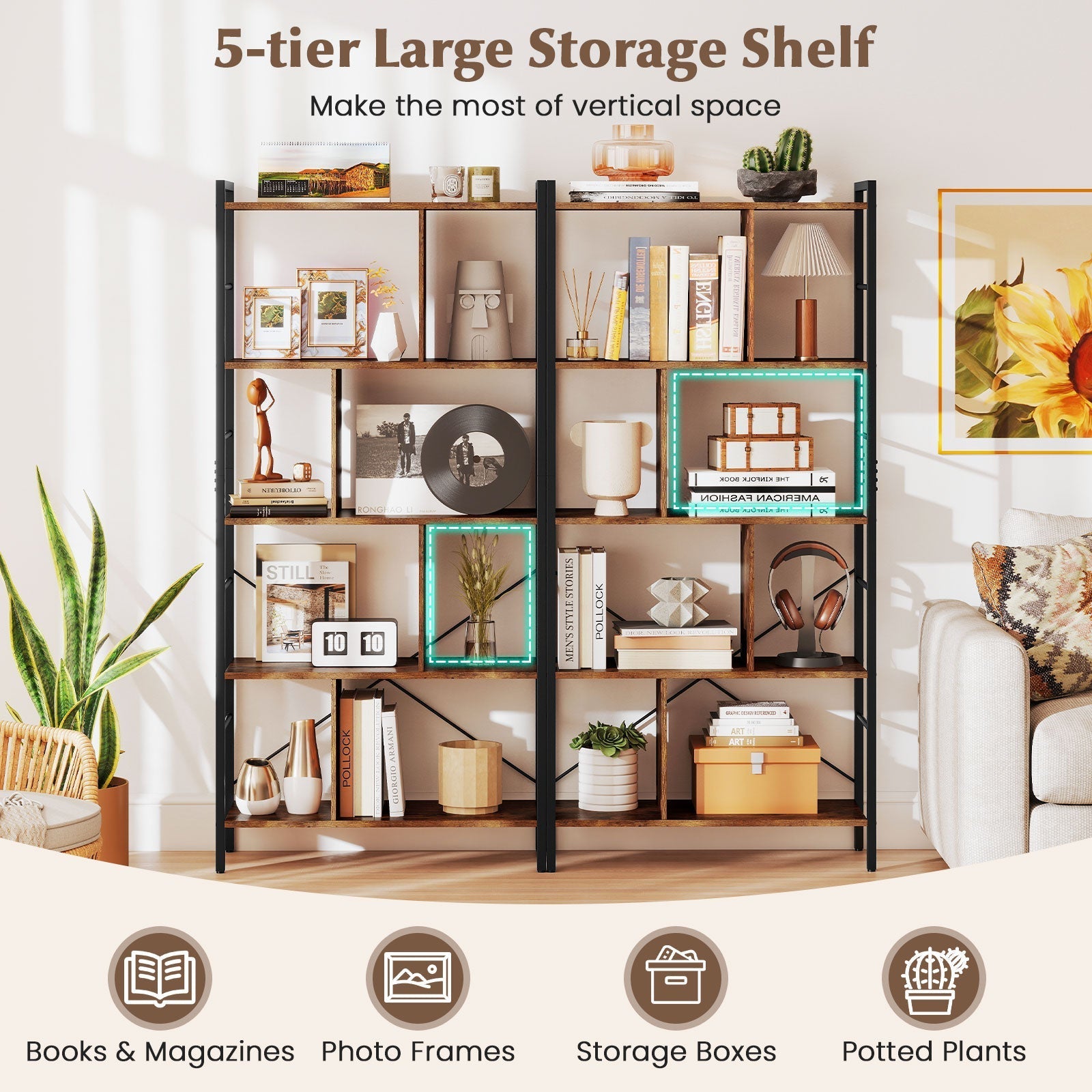 5-tier Bookcase 61 Inch Tall Industrial Bookshelf with Metal Frame
