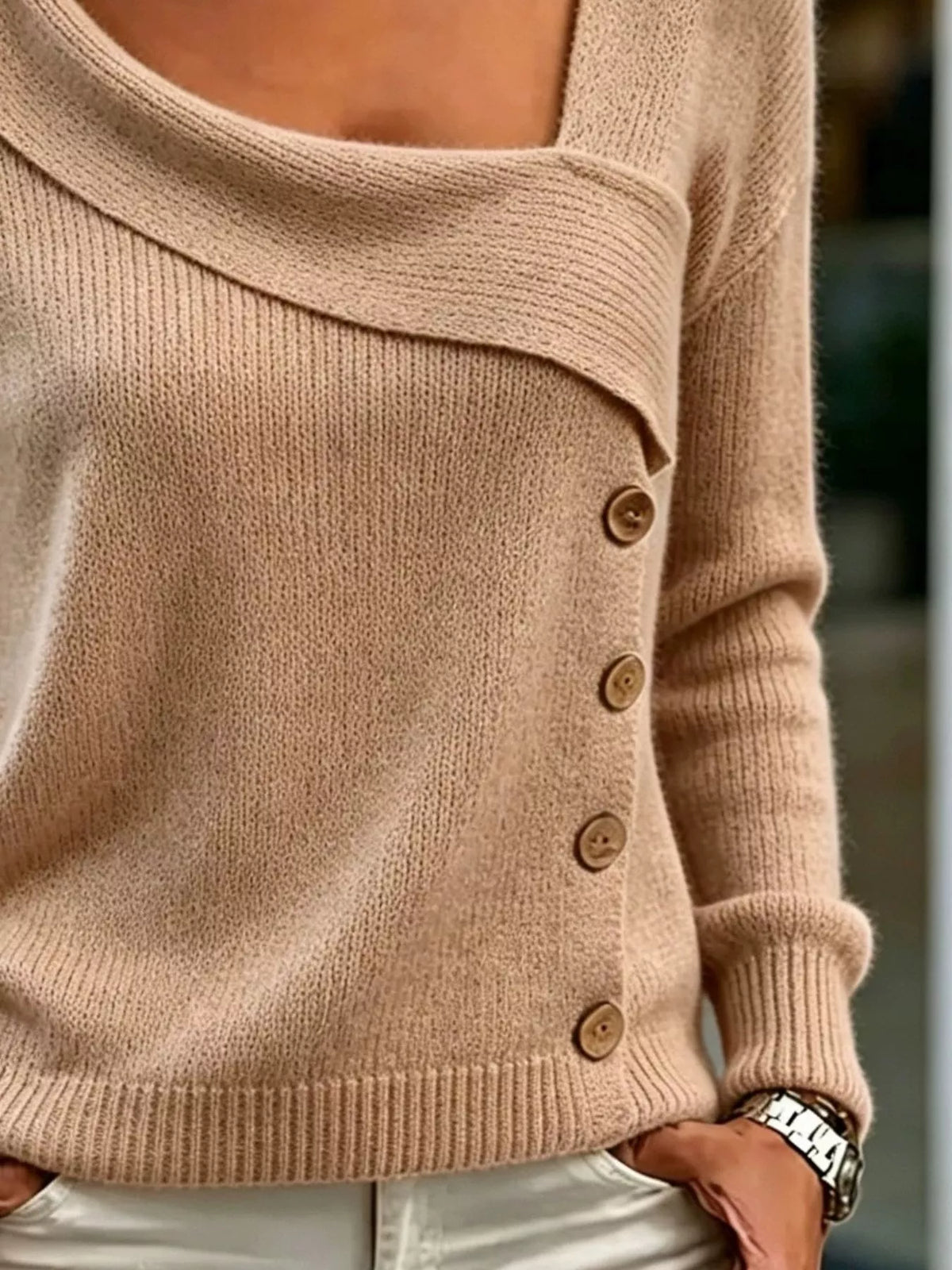 Asymmetric Neckline Button-Decorated Sweater