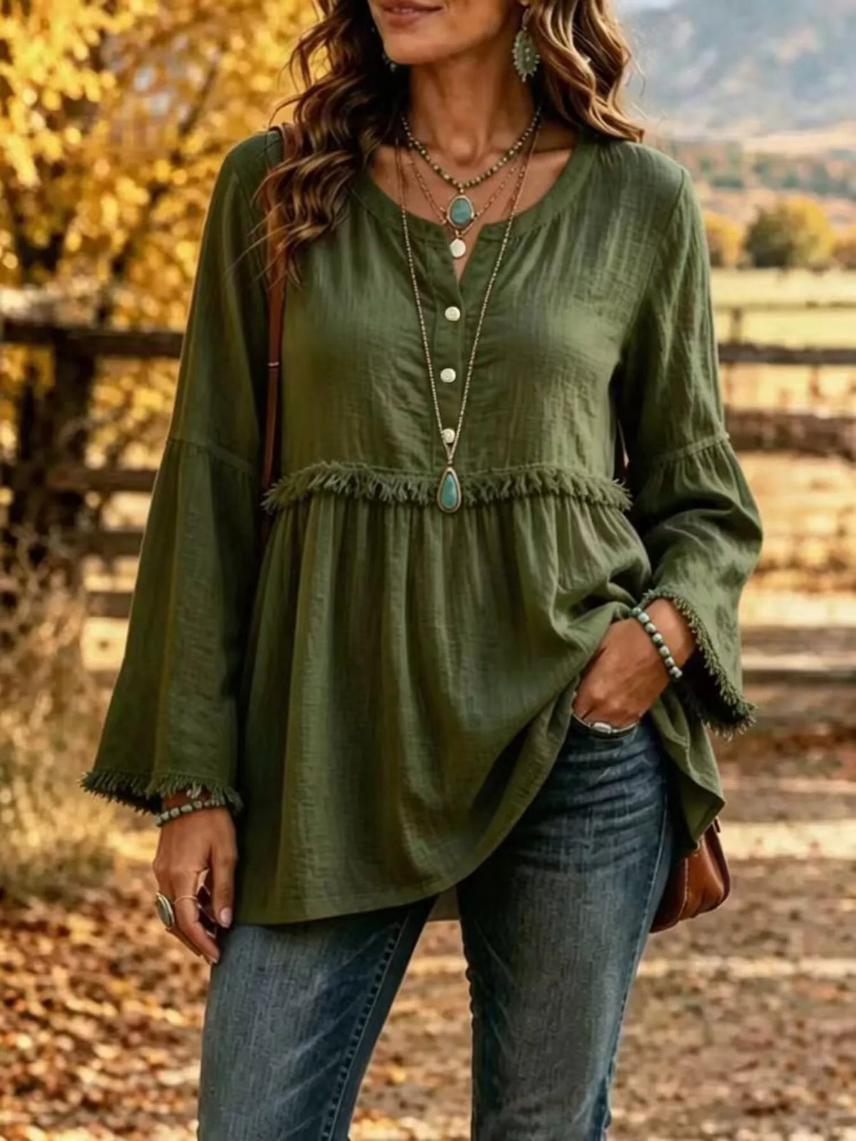Full Size Fringed Button Detail Blouse Plus Size