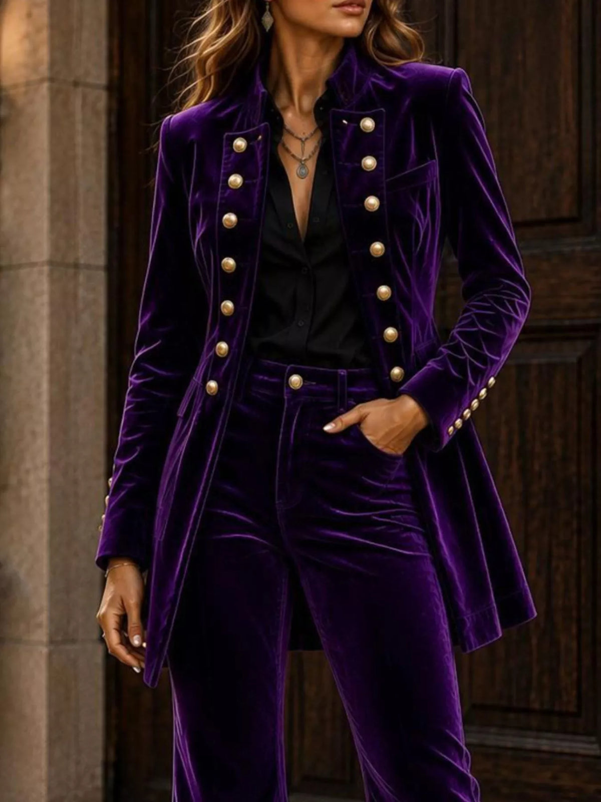 Velvet Double-Breasted Blazer and Flare Pants Set