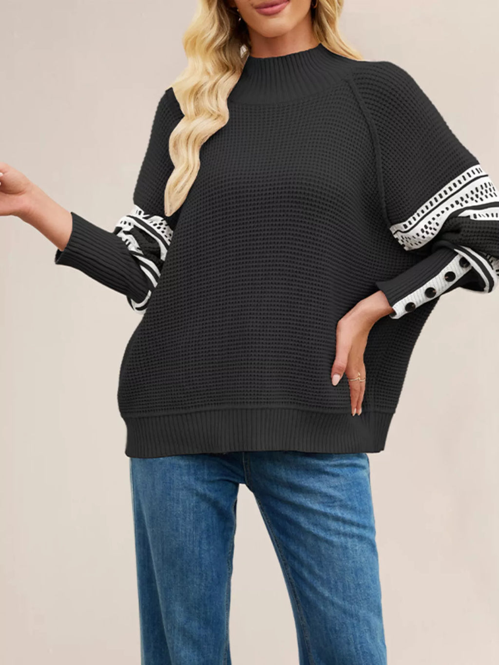 Color-Block Mock Neck Waffle Knit Sweater