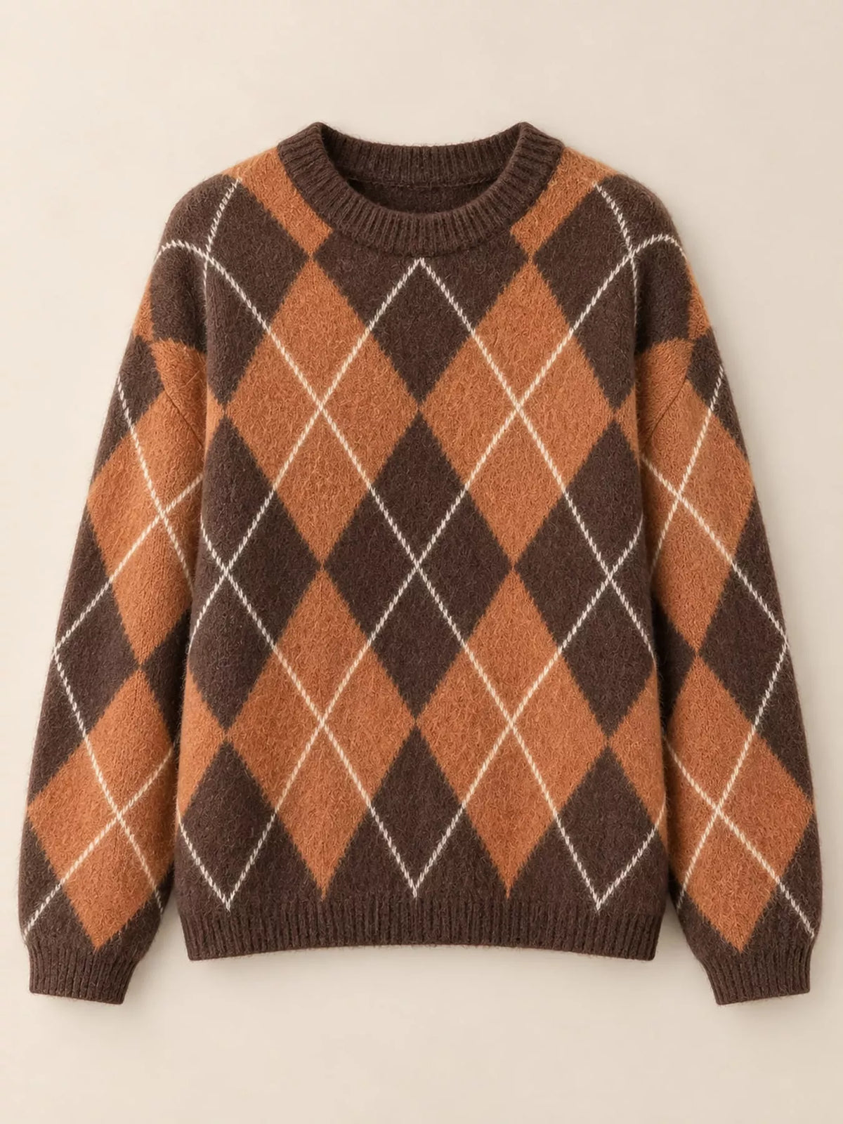 Argyle Pattern Fuzzy Knit Sweater