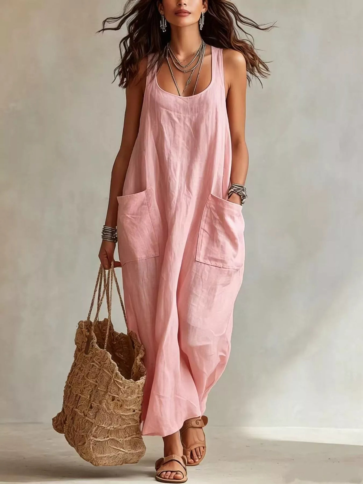 Scoop Neck Sleeveless Maxi Dress with Pockets