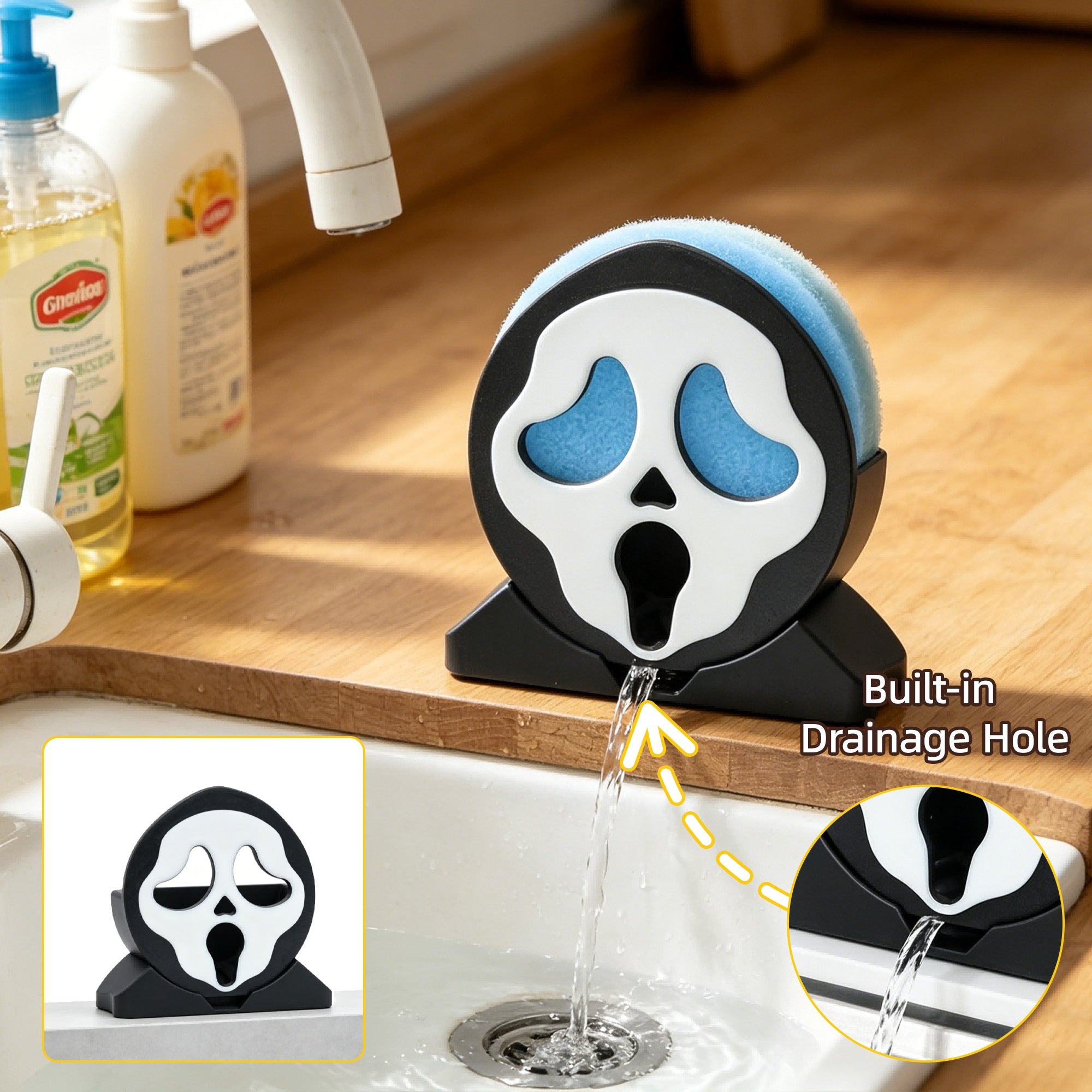 3D Printed Spooky Face Sponge Holder With Drainage Spout, Kitchen Sink Scrubber Organizer, Countertop Dish Sponge Storage Rack For Halloween Home Decor