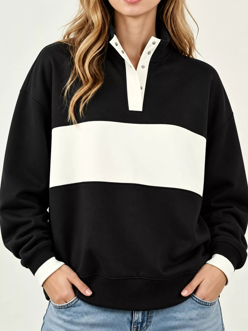 Full Size Color Block Snap-Button Sweatshirt Plus Size