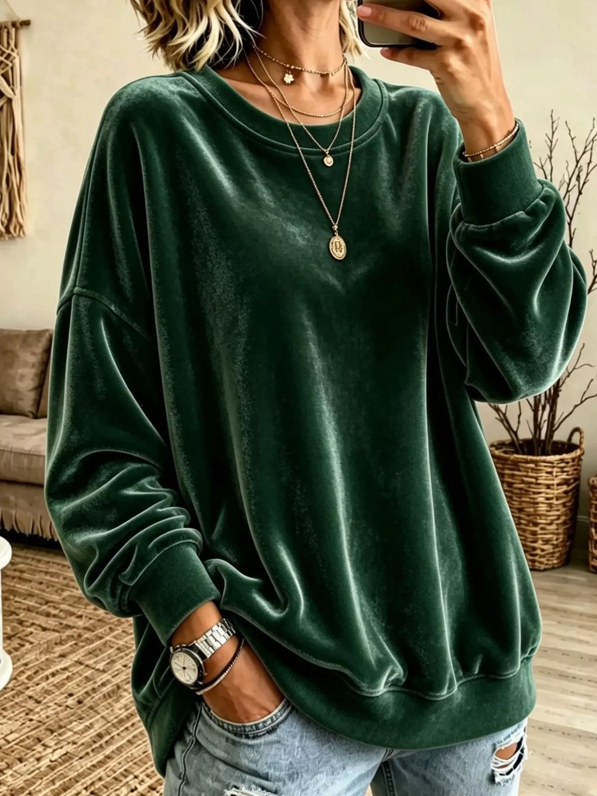 Full Size Solid Color Crew Neck Sweatshirt Plus Size
