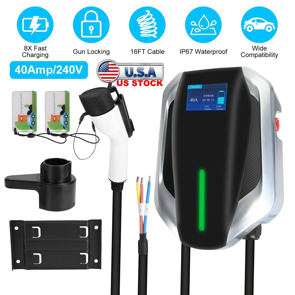 Level 2 Electric Vehicle Charger EV Wall Charger Car Charging Station with 2 Swipecards Digital Display Gun Locking for Home Garage
