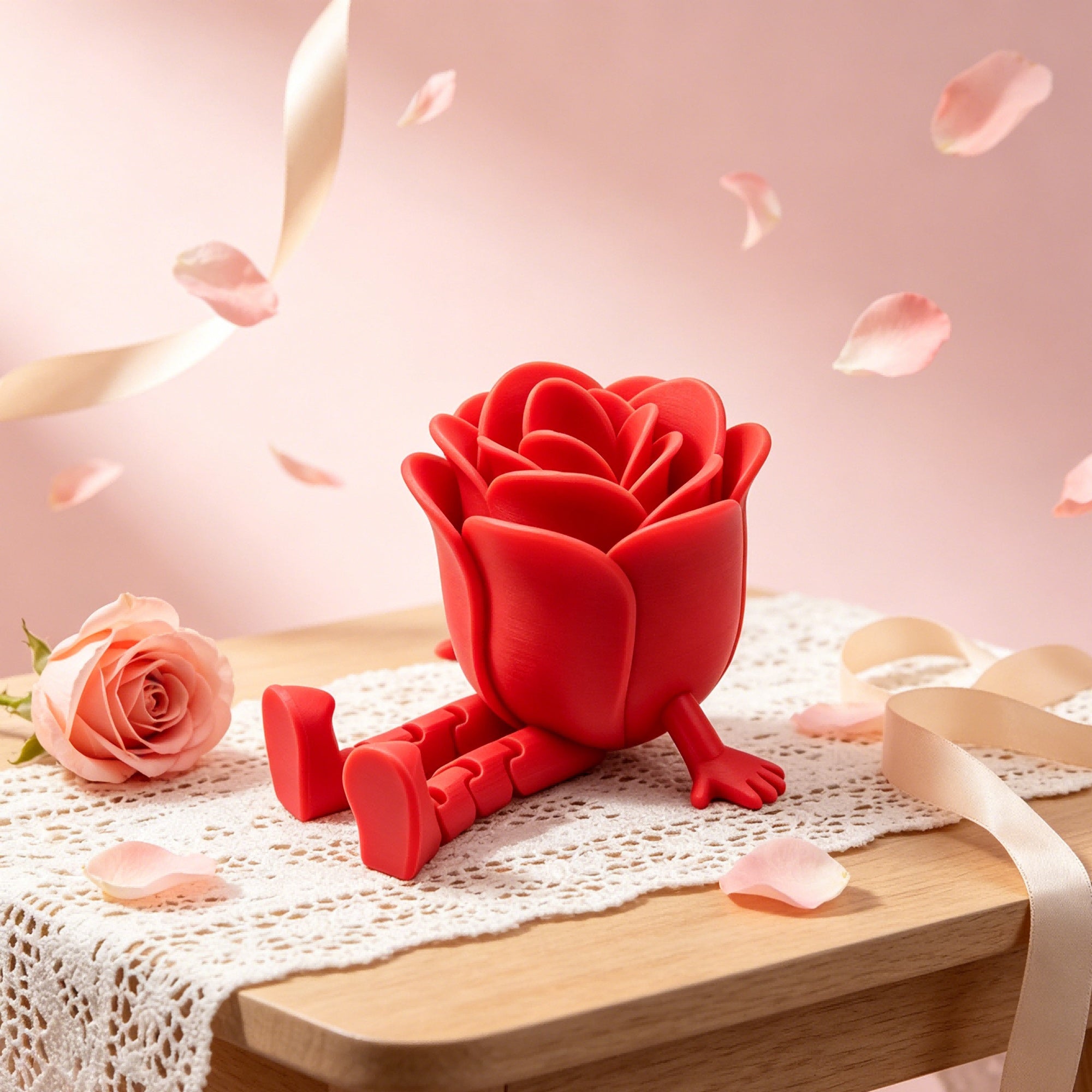 Cute 3D Printed Rose Sitting Figurine, Red Flower Character With Articulated Chunky Legs, Romantic Desk Ornament Gift For Her