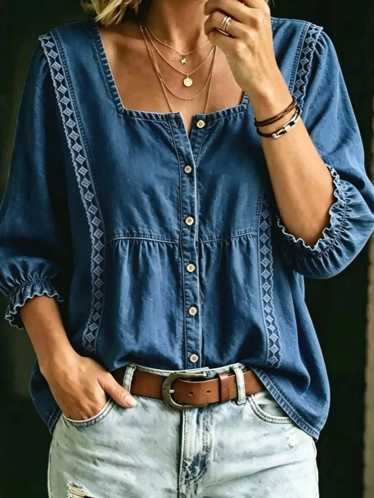 Full Size Square Neck Button-Down Denim Shirt Plus Size