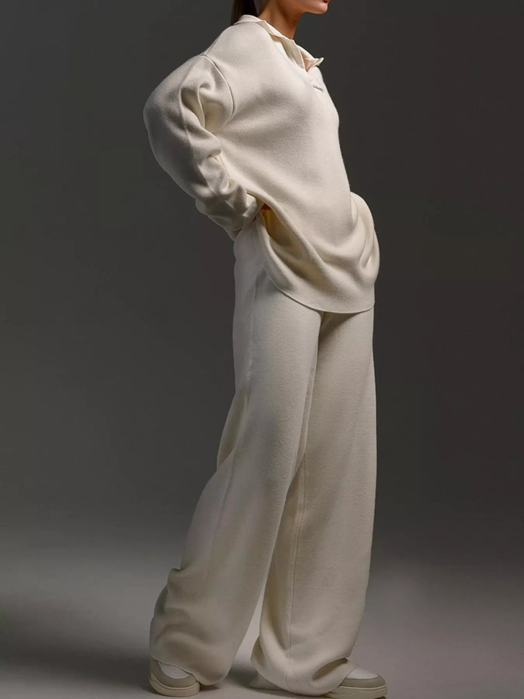 Polo Collar Top and Wide-Leg Pants Set