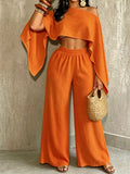 Boat Neck Crop Top and Wide-Leg Pants Set