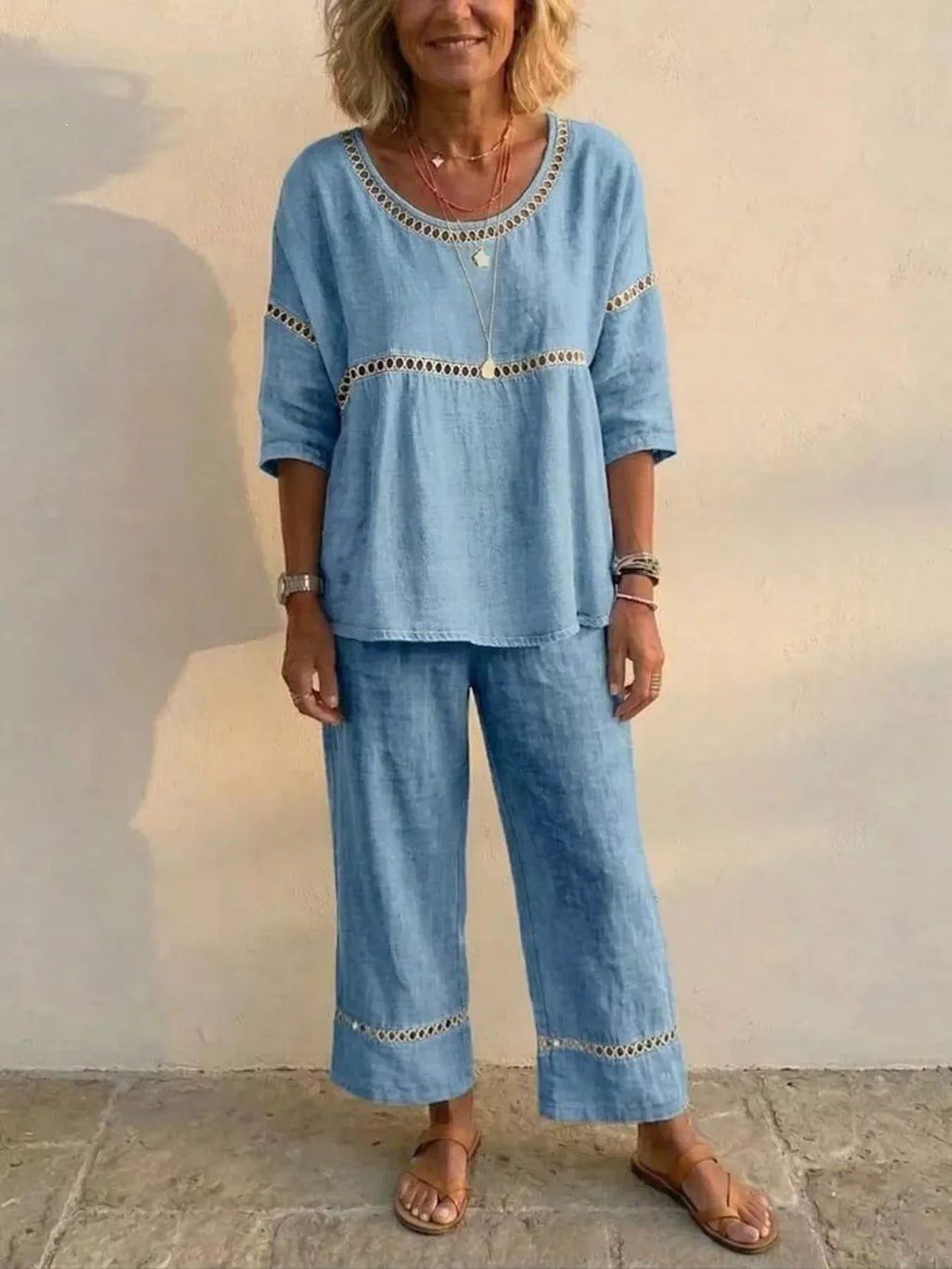 Full Size Hollow-Out Detailing Top and Pants Set Plus Size
