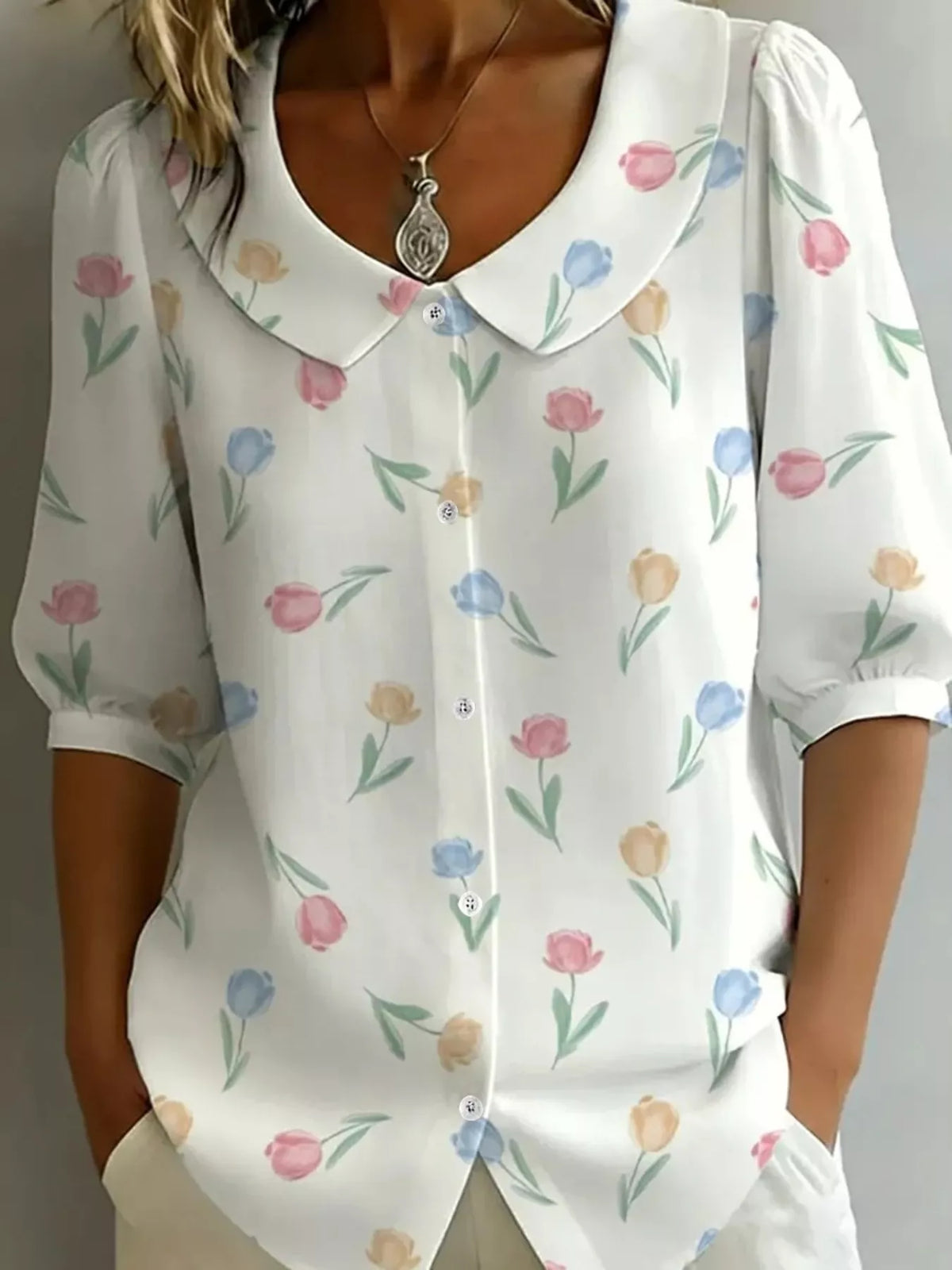 Daisy Print Peter Pan Collar Button-Down Shirt
