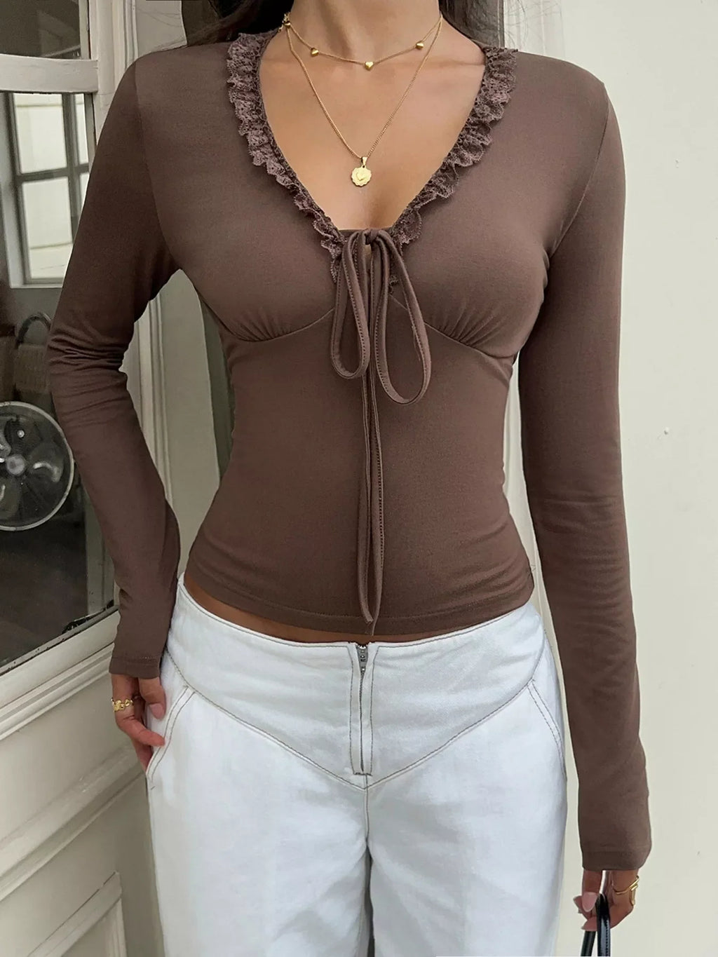 Lace-Trimmed V-Neck Long Sleeve T-Shirt