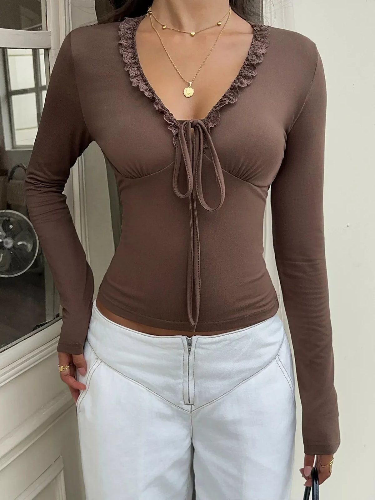 Lace-Trimmed V-Neck Long Sleeve T-Shirt