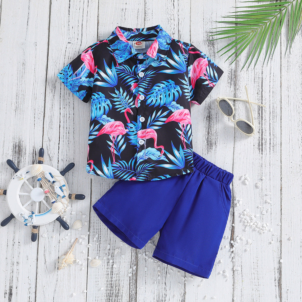 Summer New Boys' Short-sleeved Printed Shirt And Shorts Two-piece Set
