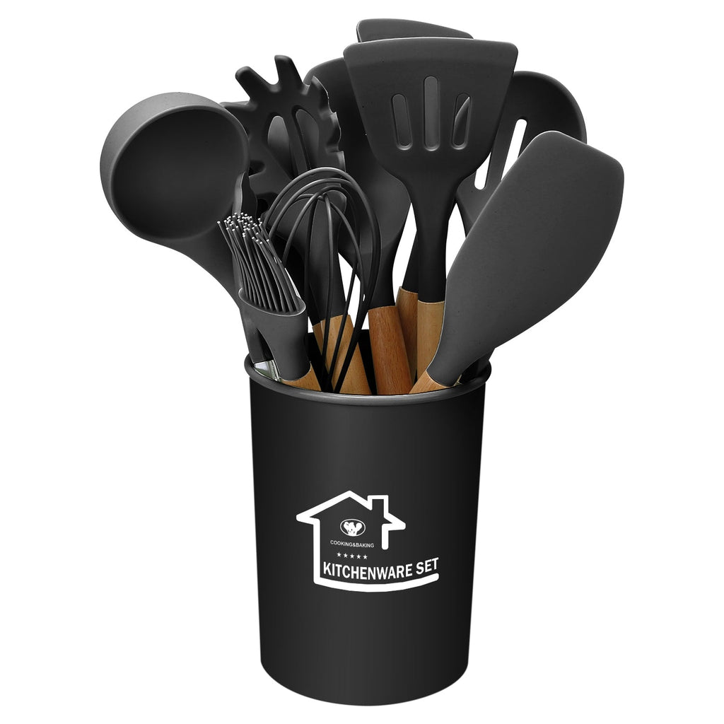 Silicone Kitchen Utensil Set: Heat-Resistant Wooden Handles