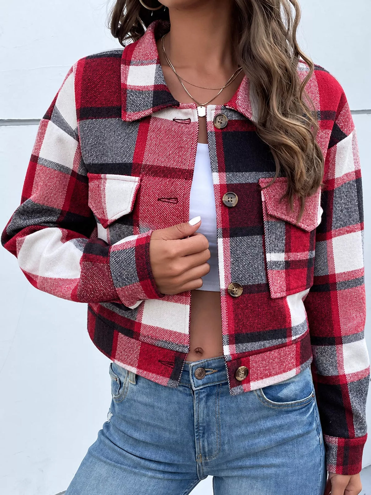 Plaid Button-Front Cropped Jacket