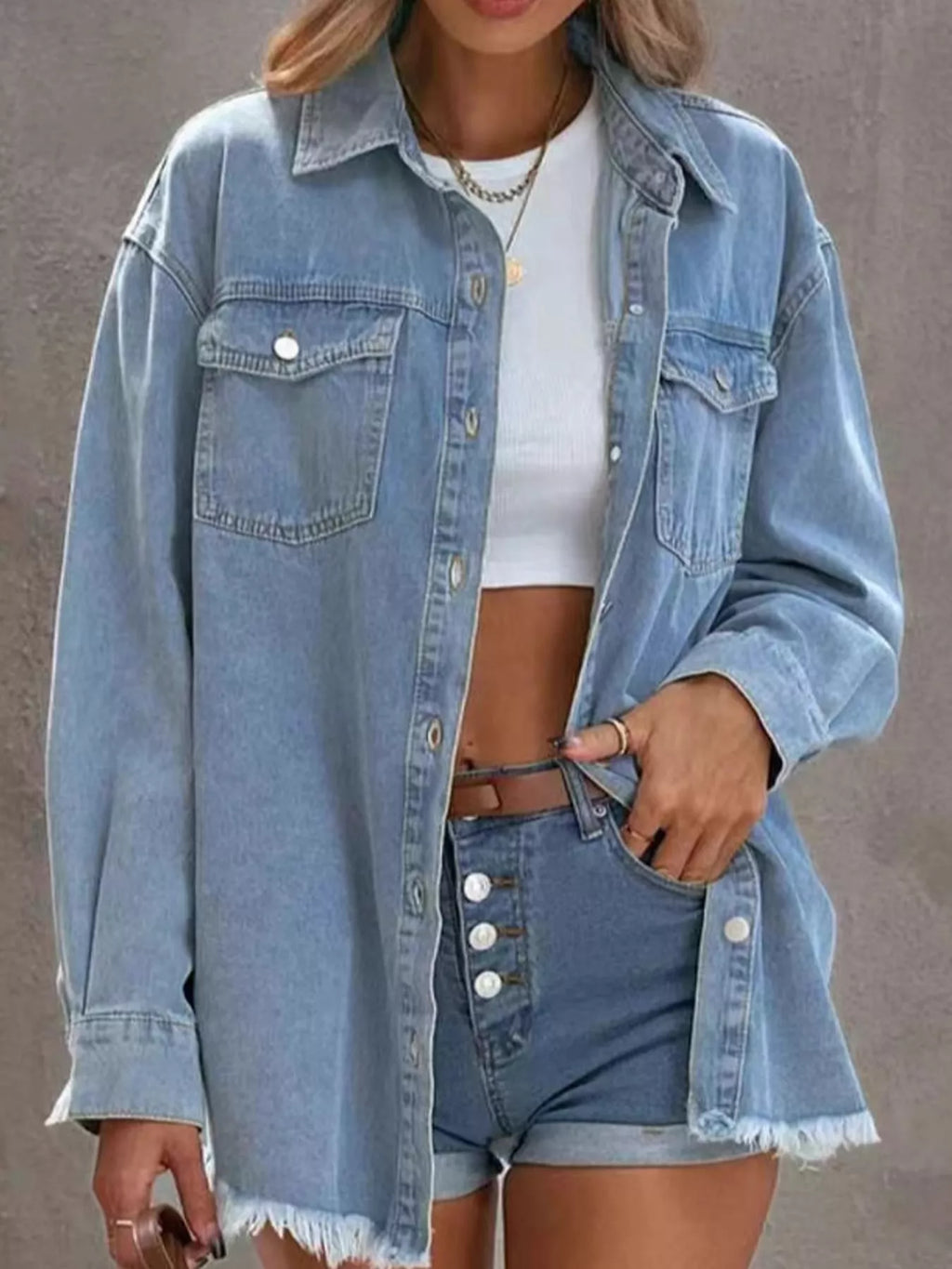 Raw Hem Button Up Denim Jacket