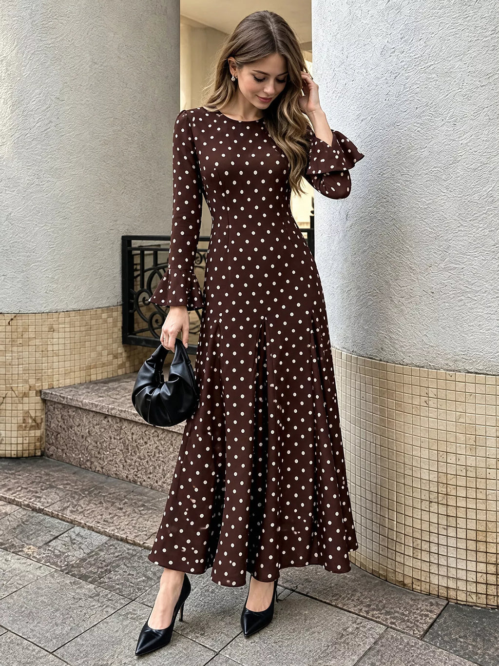 Polka Dot Long Sleeve Maxi Dress