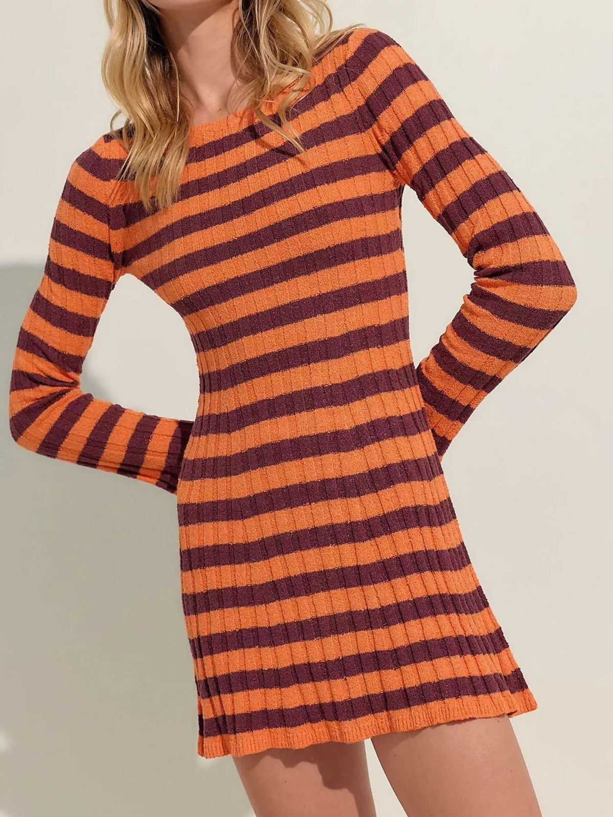 Striped Ribbed Knit Long Sleeve Sweater Dress