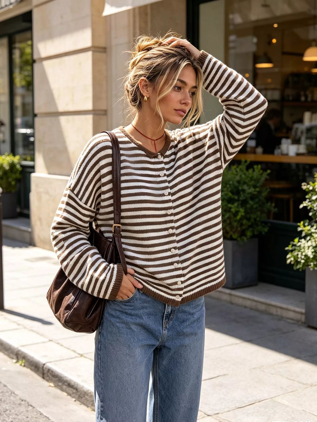 Striped Button-Down Knit Cardigan