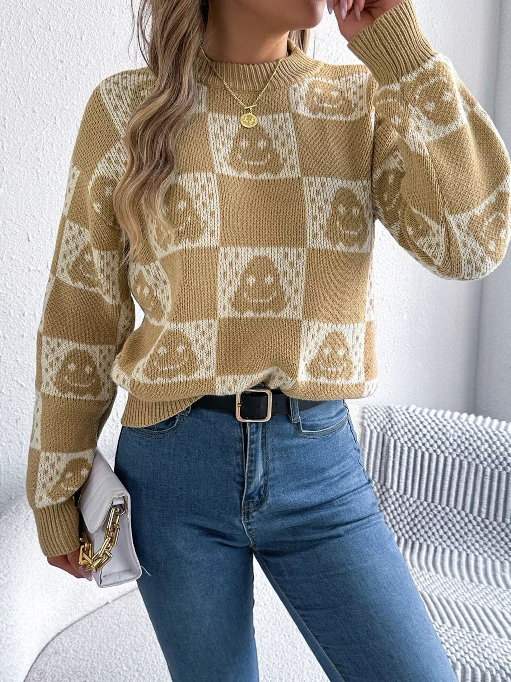 Halloween Ghost Pattern Checkered Round Neck Sweater