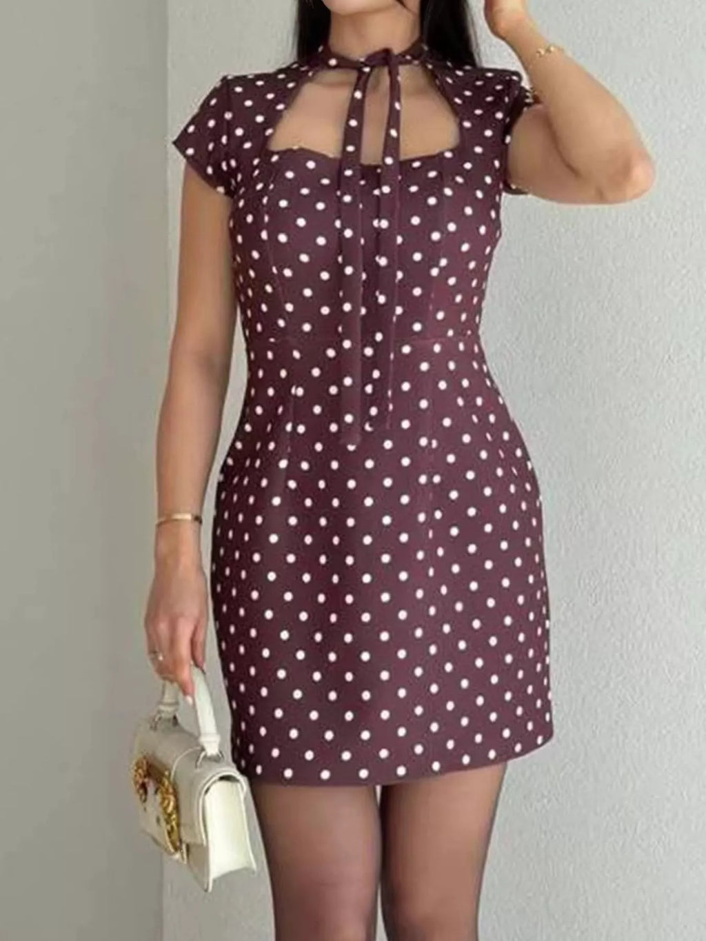 Full Size Polka Dot Tie-Neck Bodycon Mini Dress Plus Size