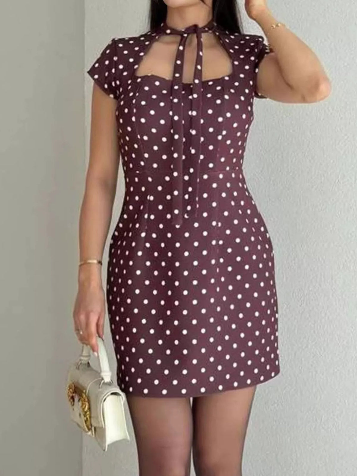 Full Size Polka Dot Tie-Neck Bodycon Mini Dress Plus Size