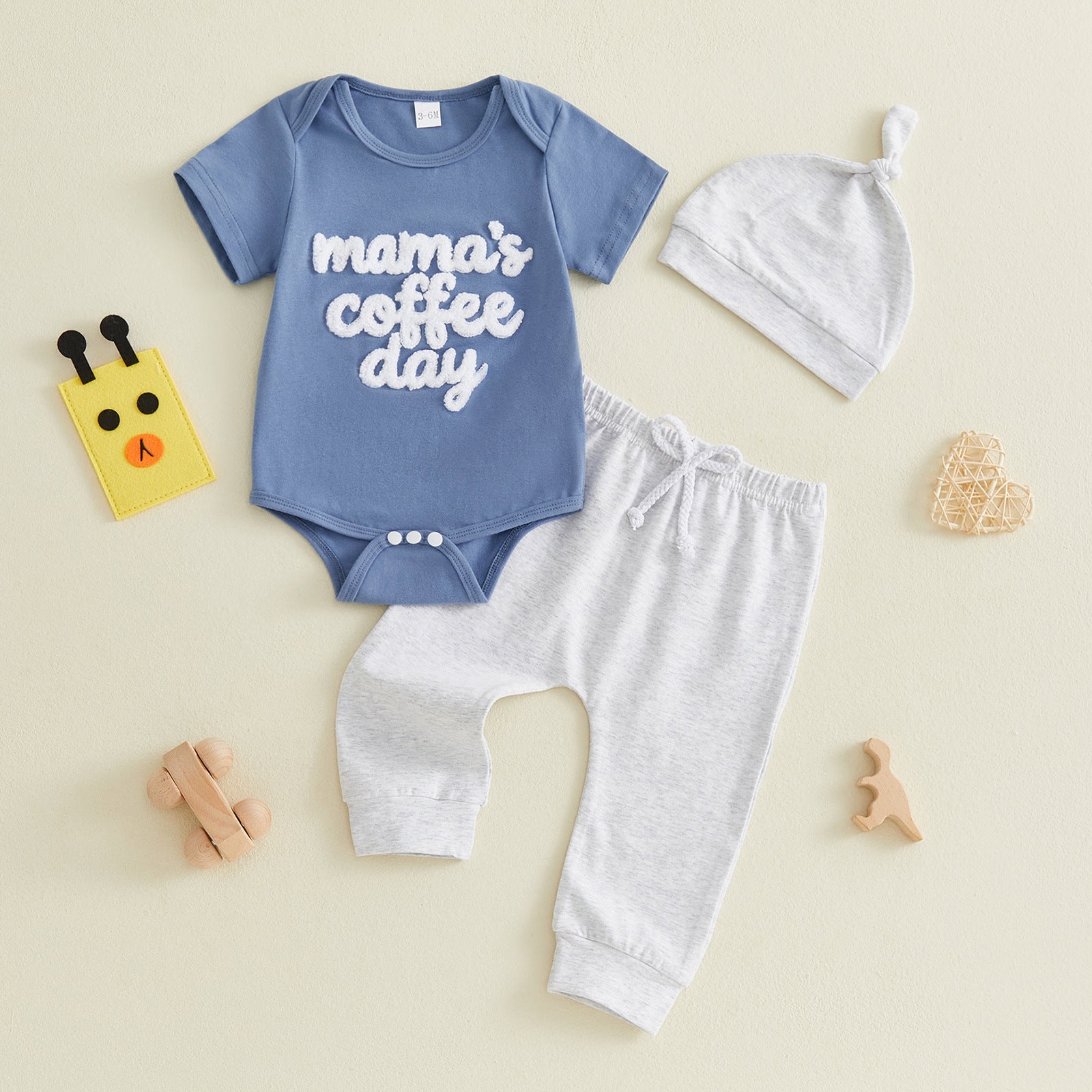 Baby Letter-embroidered Short-sleeve Romper Long Pants Hat Three-piece Set