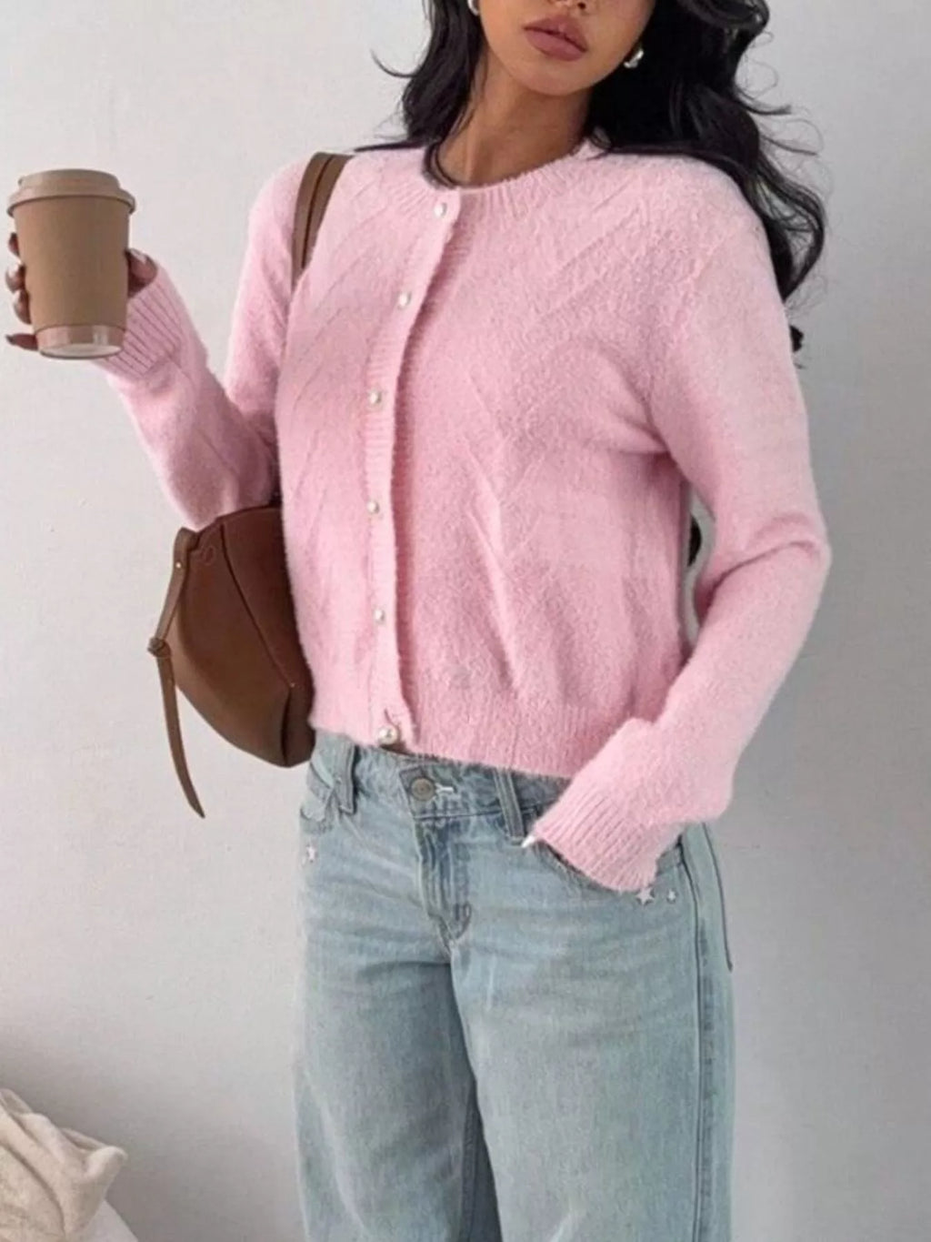 Soft Fuzzy Texture Cardigan with Pearl Buttons